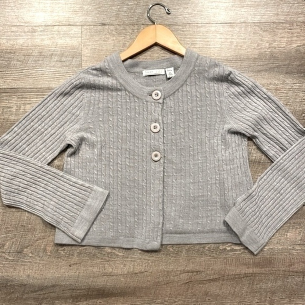 Luxe 360 Cable gray knit cropped sweater cardigan size petite small
